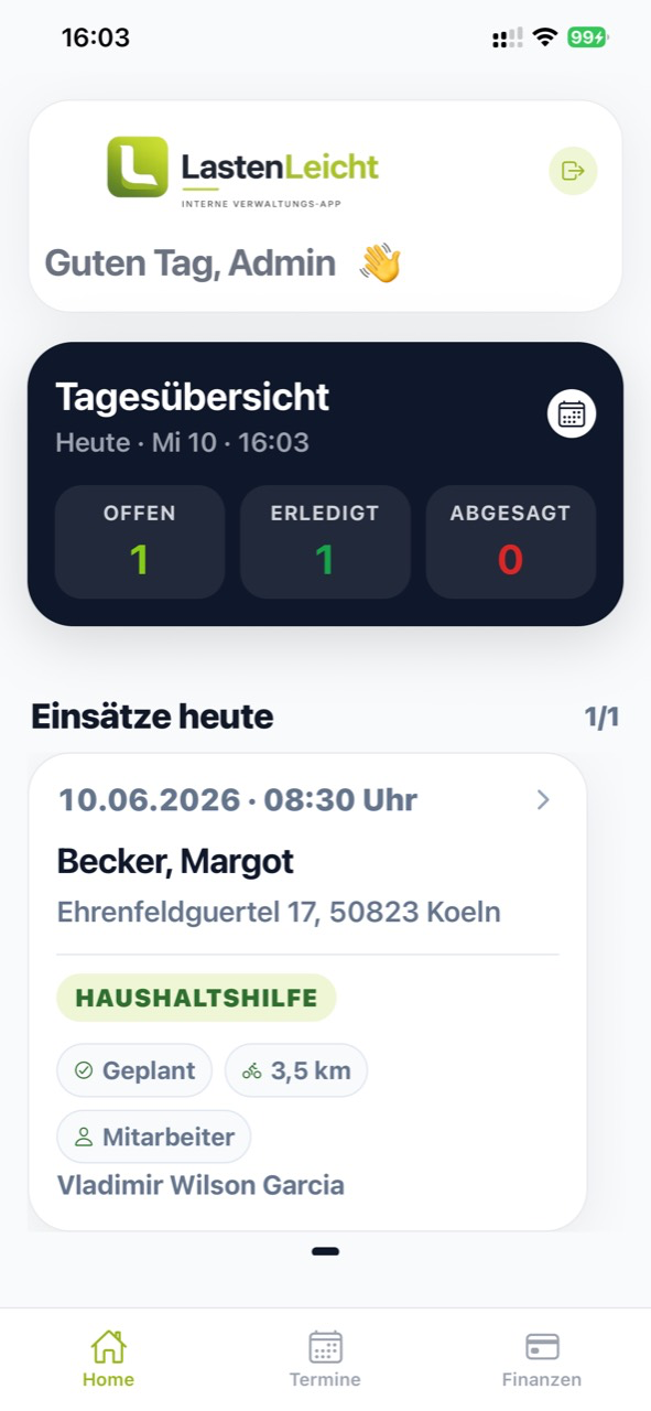 Home Ansicht mit Tagesübersicht und Demo-Daten